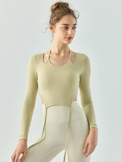 Strappy Long-Sleeve Ribbed Yoga Crop Top