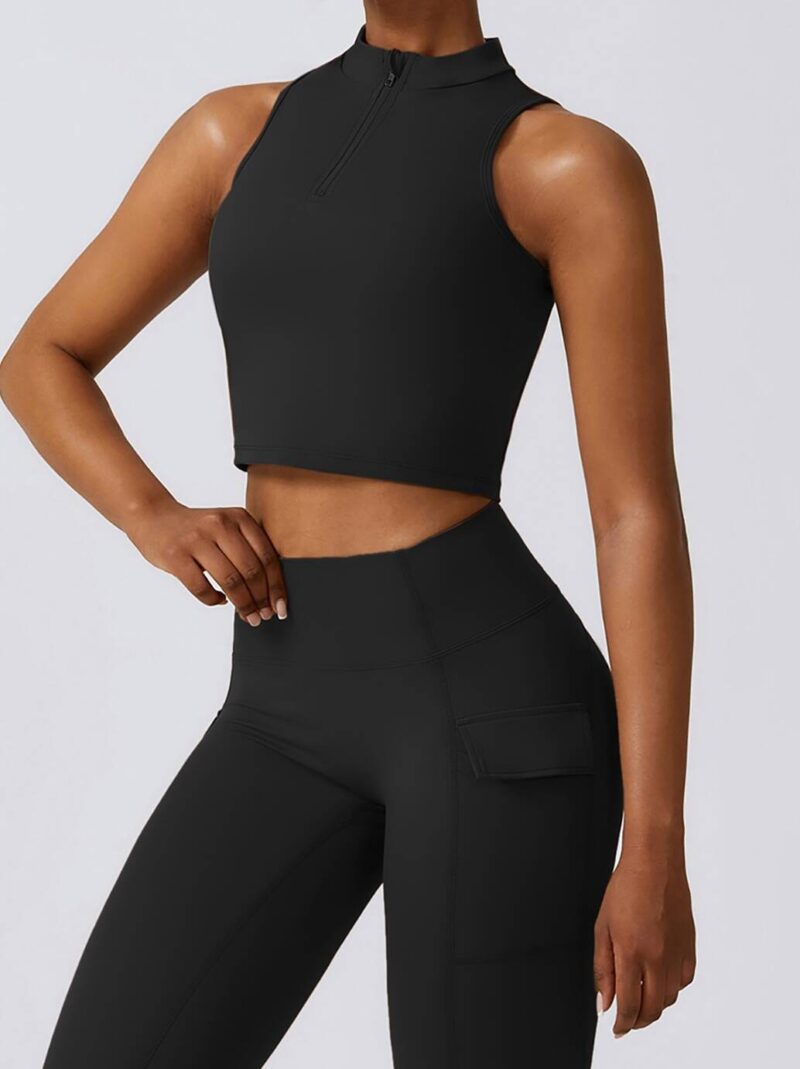 Stretchy Cropped Half-Zip Shirt with an Integrated Sports Bra for Yoga and Other Activities
