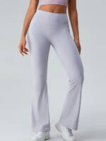 Stretchy Wide-Leg Ribbed Knit Yoga Trousers with High-Rise Waistband and Flared Hem