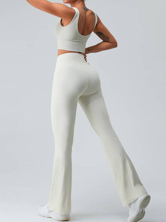 Stylish Stretchy Ribbed Yoga Leggings with High Waist Flared Bell Bottoms