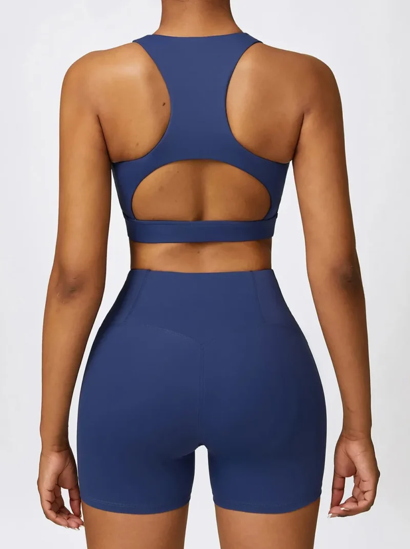 Womens Cut-Out Racerback Sports Bra & High-Waisted Elastic Activewear Shorts - Trendy Workout Set