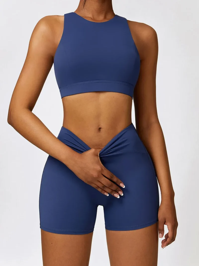 Womens Cut-Out Racerback Sports Bra and High-Waist Elastic Athletic Shorts Set for Working Out, Running, and Yoga