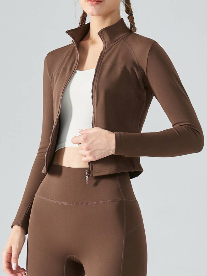 Womens Elegant Long Sleeve Zippered Sports Jacket with Pockets