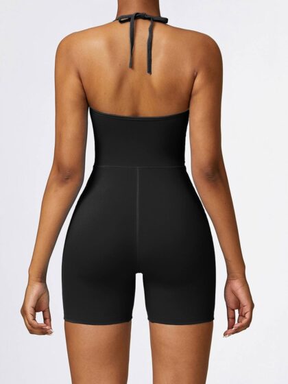 Womens Halter Neck Stretchy Yoga Romper Jumpsuit, Highly Elastic Activewear One-Piece Outfit