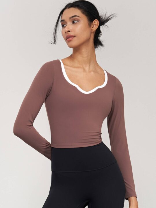 Womens Long-Sleeve V-Neck Spandex Yoga Top | Stretchy Activewear Tee | Comfy Workout Shirt