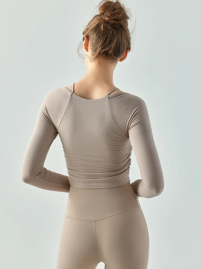 Womens Ribbed Long Sleeve Yoga Top with Thin Shoulder Straps - Perfect for the Active Female!