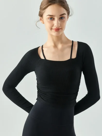 Womens Soft Ribbed Yoga Long Sleeve Shirt with Delicate Shoulder Straps - Stretchy & Comfortable for Yoga & Everyday Wear