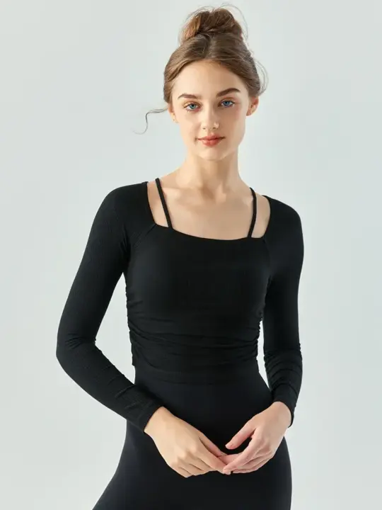 

Womens Soft Ribbed Yoga Tee with Delicate Shoulder Straps - Perfect for Stretching and Relaxing