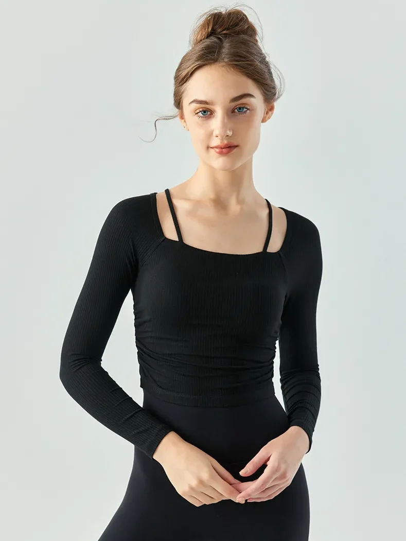 Womens Soft Ribbed Yoga Tee with Delicate Shoulder Straps - Perfect for Stretching and Relaxing