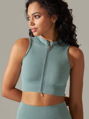 Womens Zippered Ribbed Cropped Yoga Tank Top - Hot Workout Style!