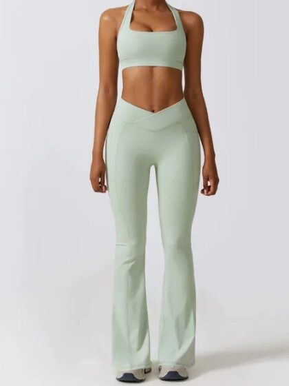 Womens Sexy Halter Neck Sports Bra & Flattering V-Waist Bell Bottom Leggings Set - Perfect for Working Out or Lounging!