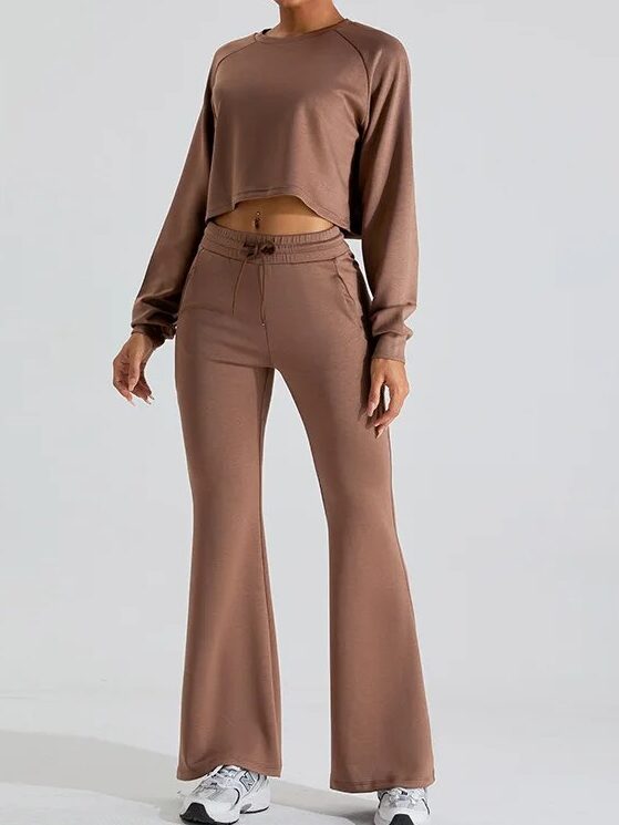 Feminine Casual Long Sleeve Cropped Top & Flared Bell Bottom Pant Outfit Set