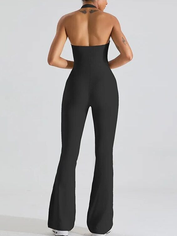 High-Waisted Flared-Leg Yoga Jumpsuit with Halter Neck Design - Perfect for Stretching and Relaxing!