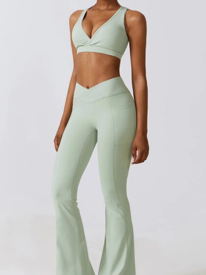 Look and Feel Sexy in this Racerback Push-Up Sports Bra & High-Waist Bell Bottom Leggings Set - Perfect for Working Out and Going Out!