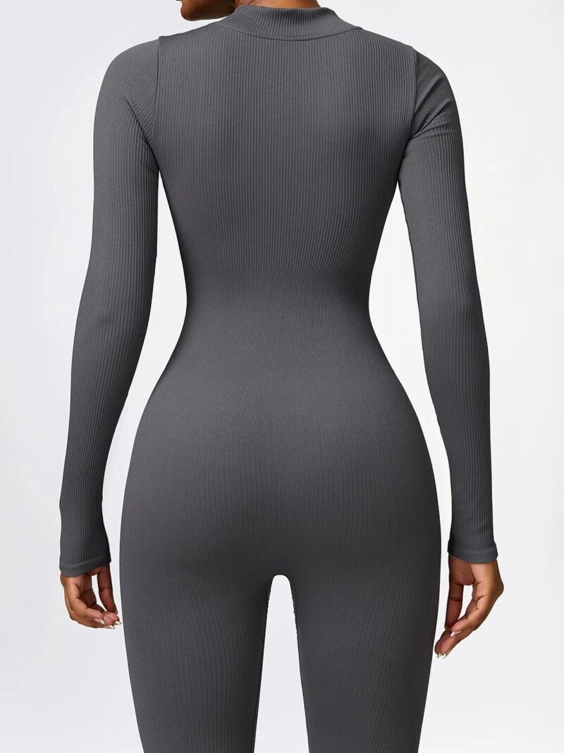 Luxurious Ribbed Zipper Long Sleeve Ankle-Length Yoga Jumpsuit - Perfect for Yoga and Lounging Comfortably!