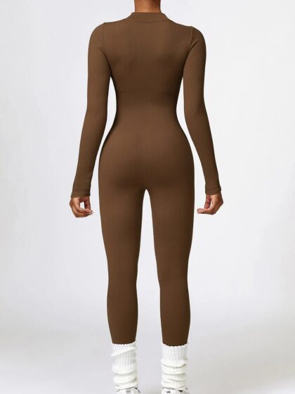 Luxurious Ribbed Zipper Long Sleeve Ankle-Length Yoga Jumpsuit - Stretchy and Stylish!