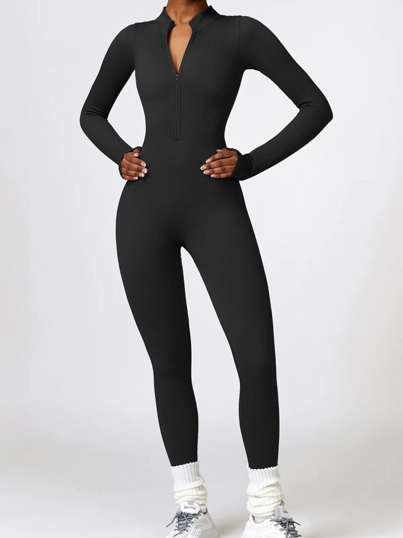 Luxurious Ribbed Zipper Long Sleeve Ankle-Length Yoga Jumpsuit