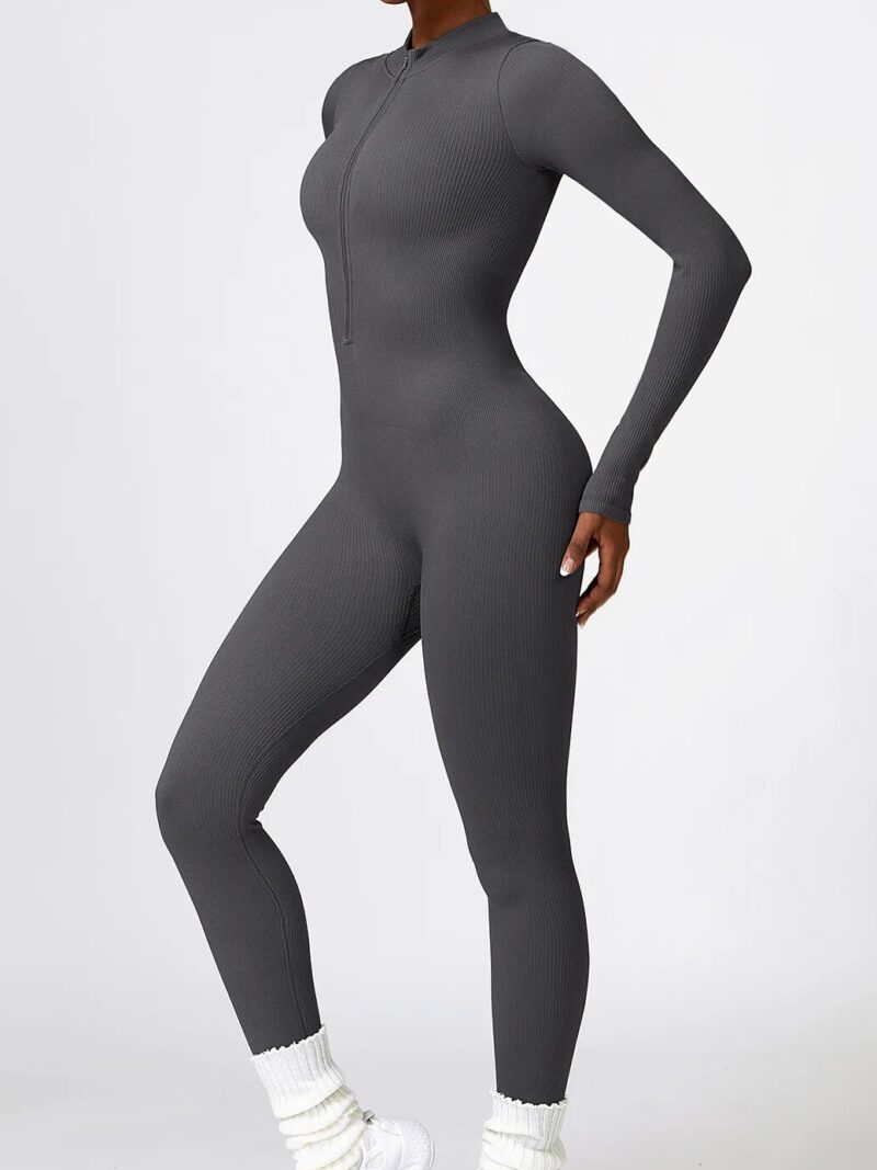 Luxurious Ribbed Zipper Long Sleeve Ankle-Length Yoga Jumpsuit for Women - Perfect for Working Out & Relaxing!
