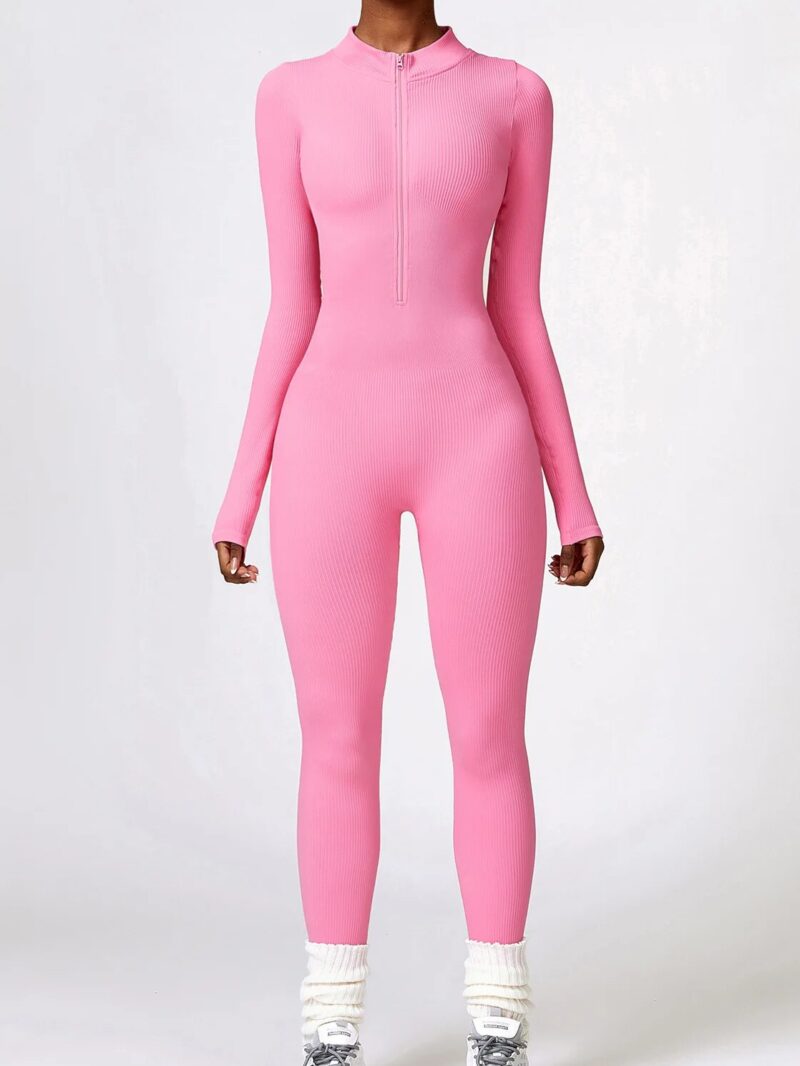 Luxurious Ribbed Zipper Long Sleeve Ankle-Length Yoga Onesie - Soft, Stretchy and Stylish Comfort for Your Practice!