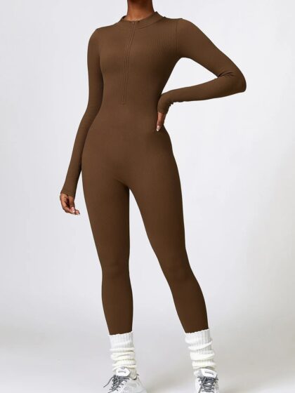 Luxurious Ribbed Zipper Womens Long Sleeve Ankle-Length Yoga Jumpsuit