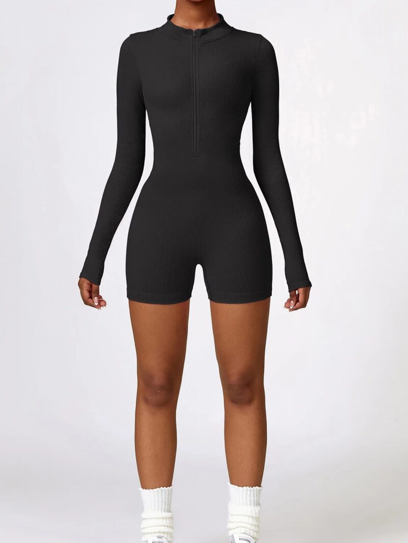Racy Ribbed Zipper Long-Sleeve Yoga Jumpsuit - Perfect for Hot Yoga or Lounging!