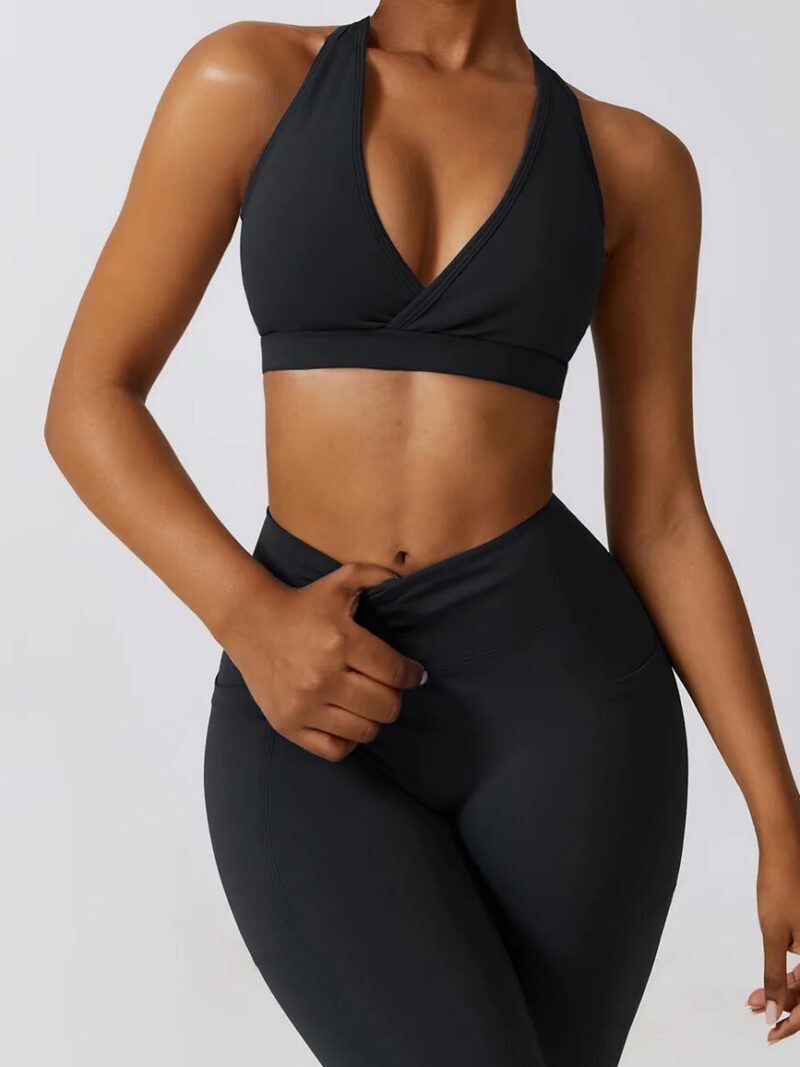 Reveal Your Inner Athlete with this Sexy Racerback Cut-Out Sports Bra & V-Waist Scrunch Butt Leggings Set - Perfect for High Intensity Workouts!