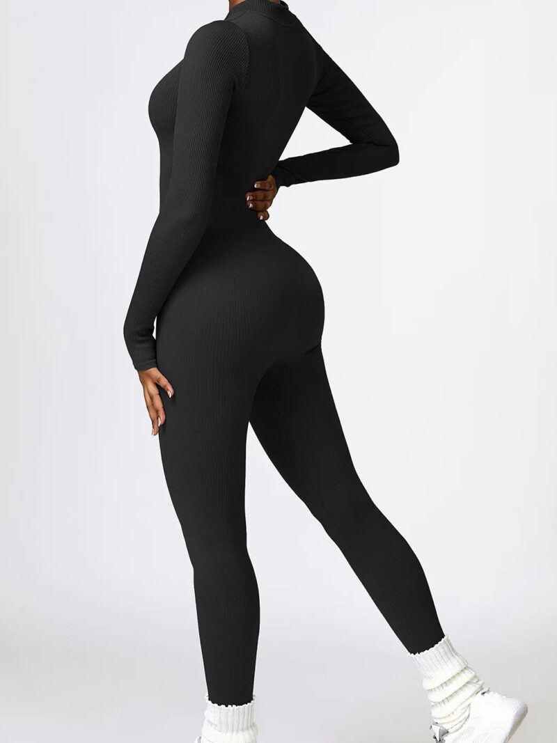Ribbed Zipper Long Sleeve Ankle-Length Yoga Jumpsuit - Ultimate Comfort and Style!