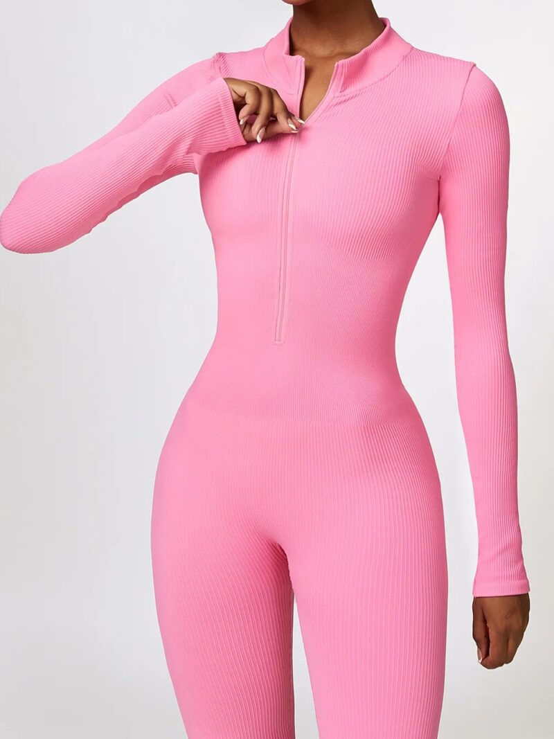 Ribbed Zipper Long-Sleeve Yoga Jumpsuit - Ankle-Length Comfort & Style for Yoga Lovers