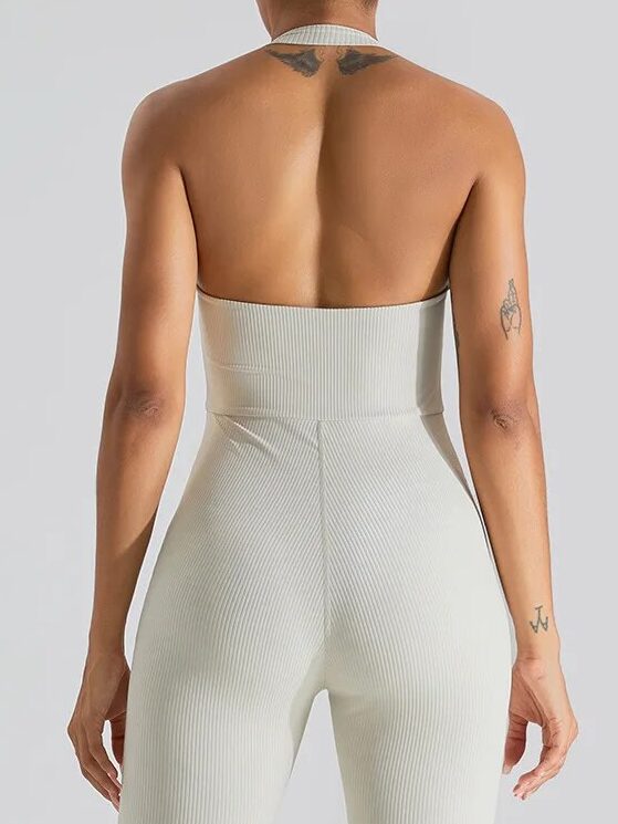 Sassy Stretchy Halter Neck Bell-Bottom Jumpsuit - Perfect for Yoga and Beyond!