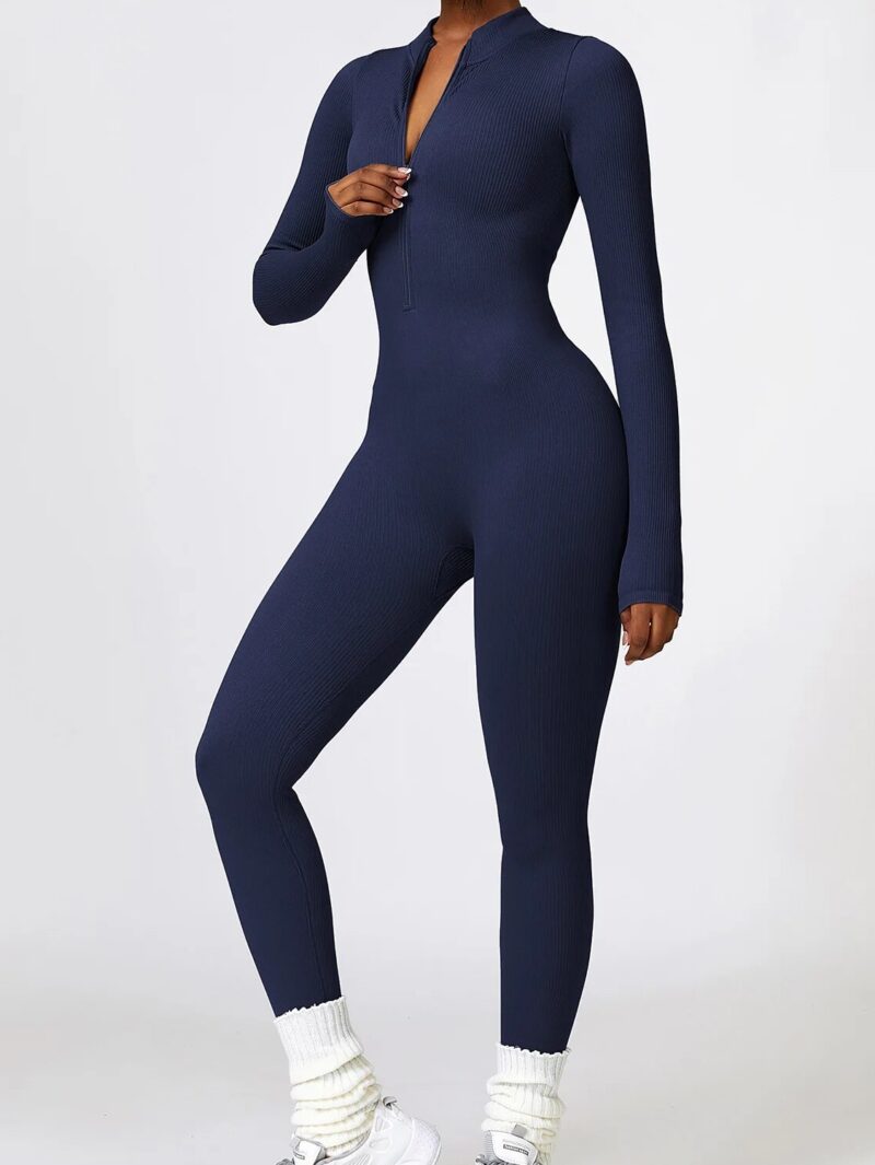 Sexy Ribbed Zipper Long Sleeve Ankle-Length Yoga Jumpsuit for Women