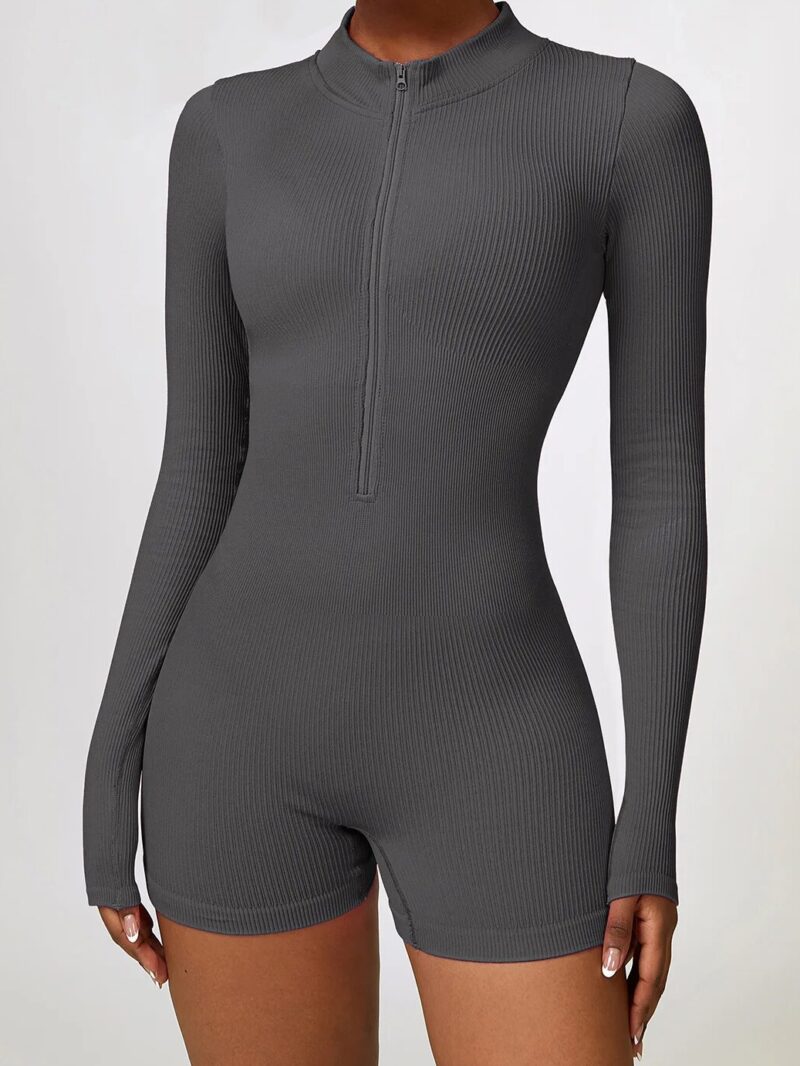 Sexy Ribbed Zipper Long-Sleeve Yoga Jumpsuit | Stretchy & Comfortable Activewear Bodysuit