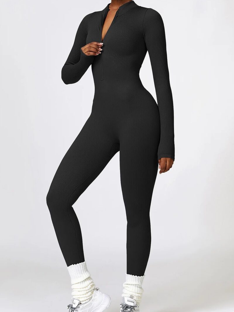 Soft Ribbed Zipper Long Sleeve Cozy Ankle-Length Yoga Jumpsuit for Women - Stretchy, Breathable Comfort for Your Practice.