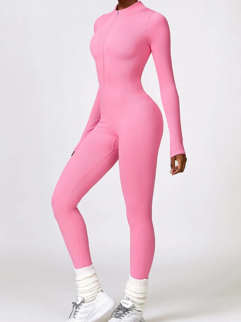 Stylish Ribbed Zipper Long Sleeve Ankle-Length Yoga Jumpsuit - Perfect for Your Workout!