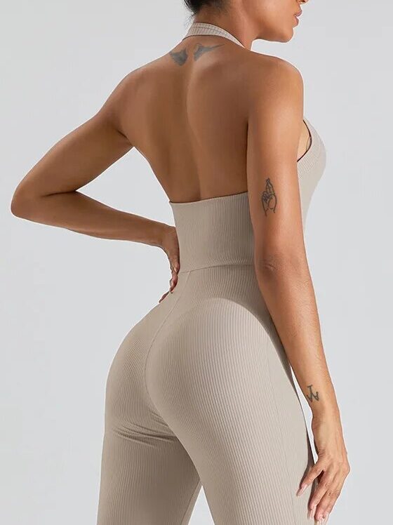 Sultry Halter Neck Bell-Bottom Yoga Jumpsuit - Flaunt Your Femininity with Style!