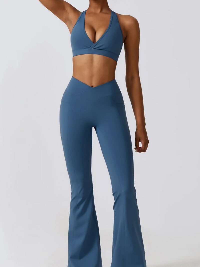 This stylish Activewear Set features a Racerback Push-Up Sports Bra and High-Waist Bell Bottom Leggings for a flattering, comfortable fit. Perfect for yoga, running, or any other workout, this set is sure to become