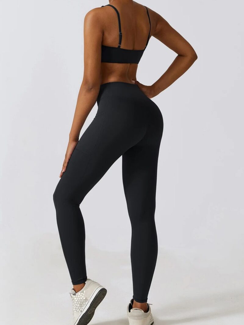 Womens Athletic 2-Piece Outfit: Racerback Cut-Out Sports Bra & V-Waist Scrunch Butt Leggings - Trendy & Stylish Activewear Set