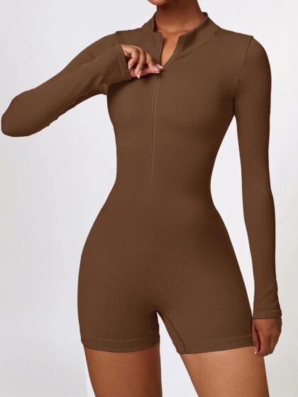 Womens Ribbed Zipper Long-Sleeve Stretchy Yoga Jumpsuit for Comfort and Style
