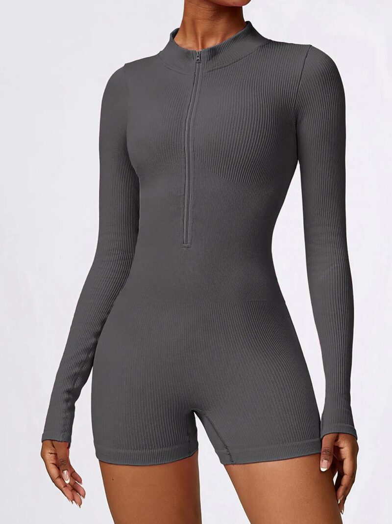 Womens Ribbed Zipper Long-Sleeve Yoga Jumpsuit - Stretchy & Stylish for Yoga & Beyond!