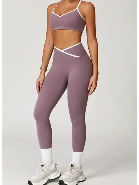 Contrast-Piped Crossover-Waist Yoga Set – Buttery-Soft Sports Bra & Squat-Proof Leggings