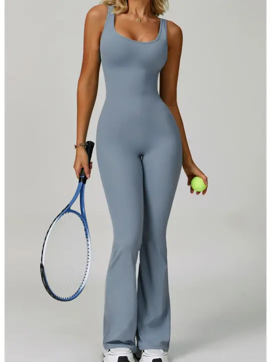 Seamless SculptFit Yoga Jumpsuit – Flared Compression Bodysuit with Open-Back Detail