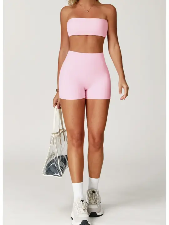 Seamless Strapless Yoga Set High‑Waist Compression Shorts & Bandeau Sports Top