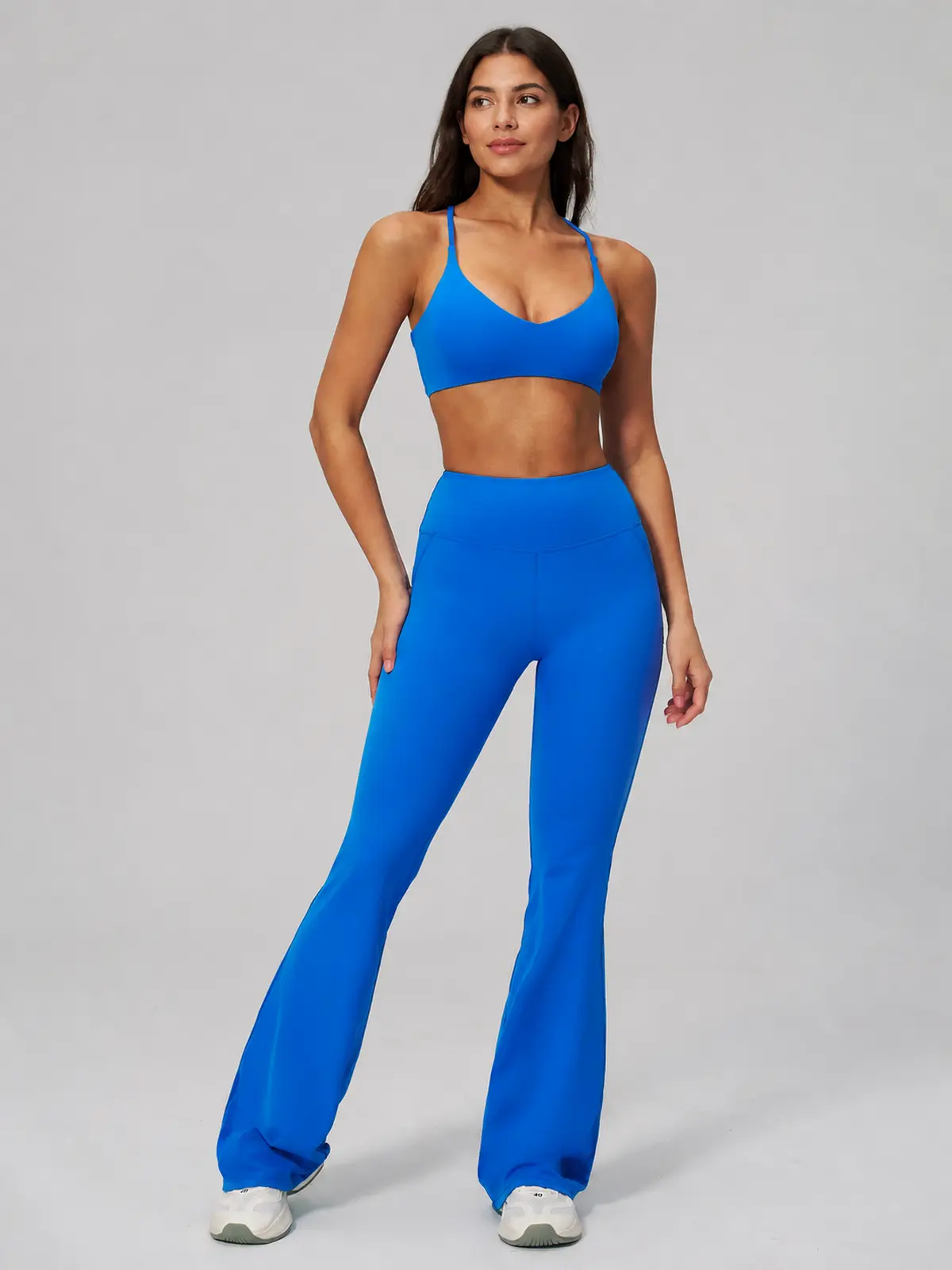 Aubergine Arc Cross-Back Scoop-Neck Sports Bra — azure blue — general — authoritative variation match
