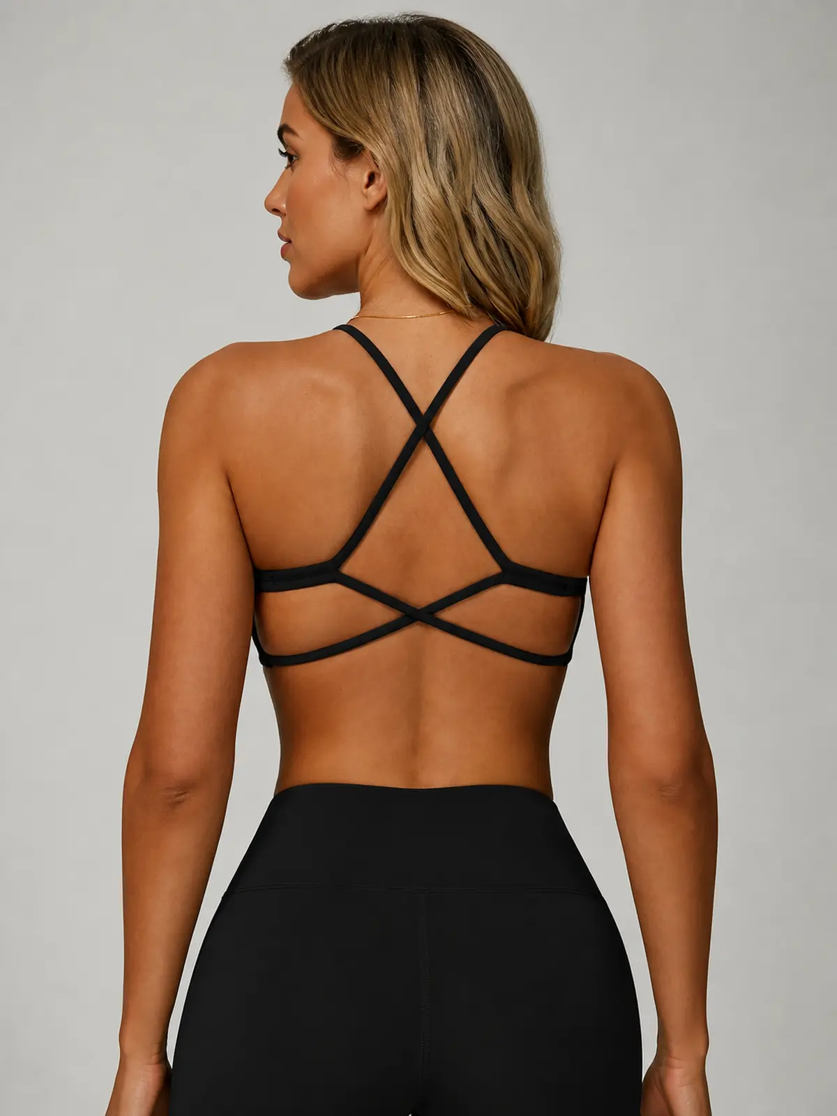 Aubergine Arc Cross-Back Scoop-Neck Sports Bra — black — general — authoritative variation match