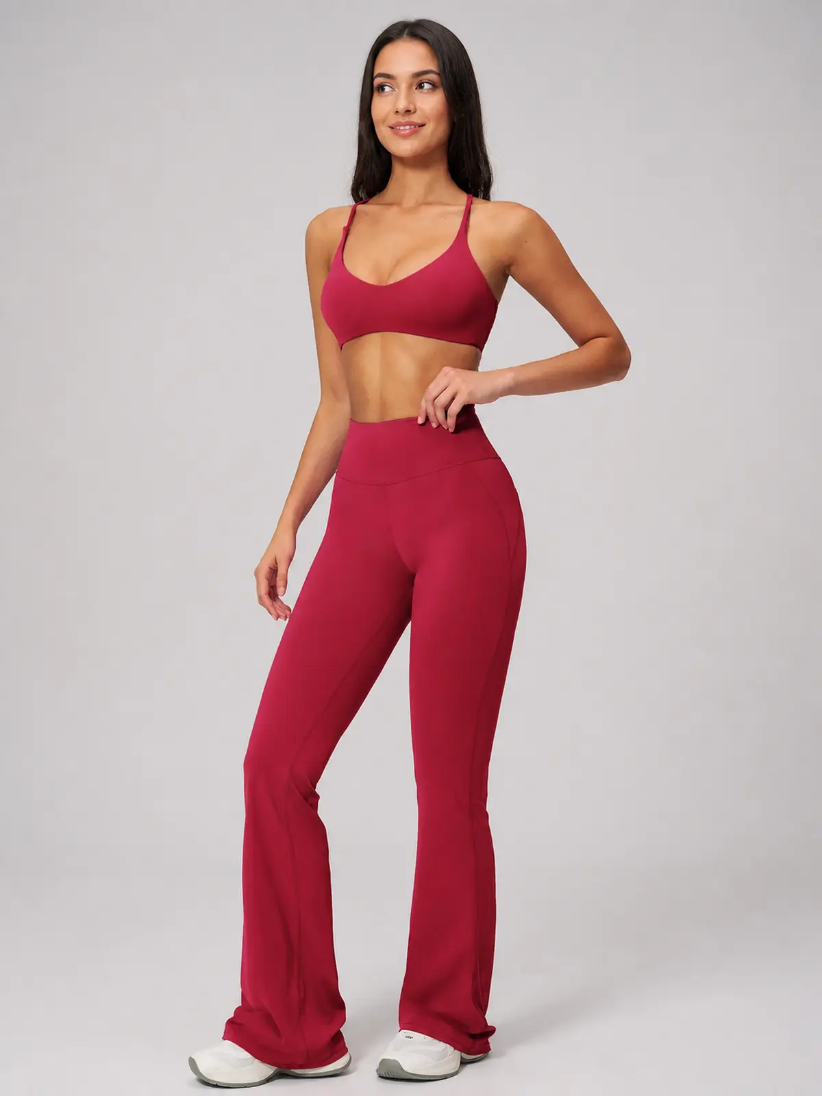 Aubergine Arc Cross-Back Scoop-Neck Sports Bra — deep pink — general — authoritative variation match