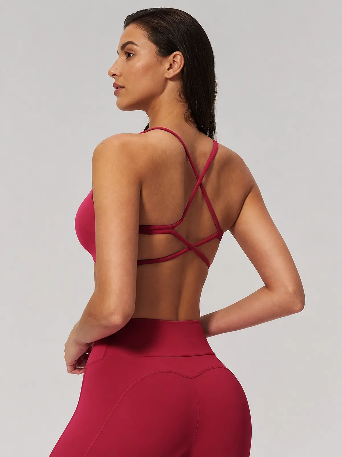 Aubergine Arc Cross-Back Scoop-Neck Sports Bra — deep pink — sports-bra — assigned human anchor cluster