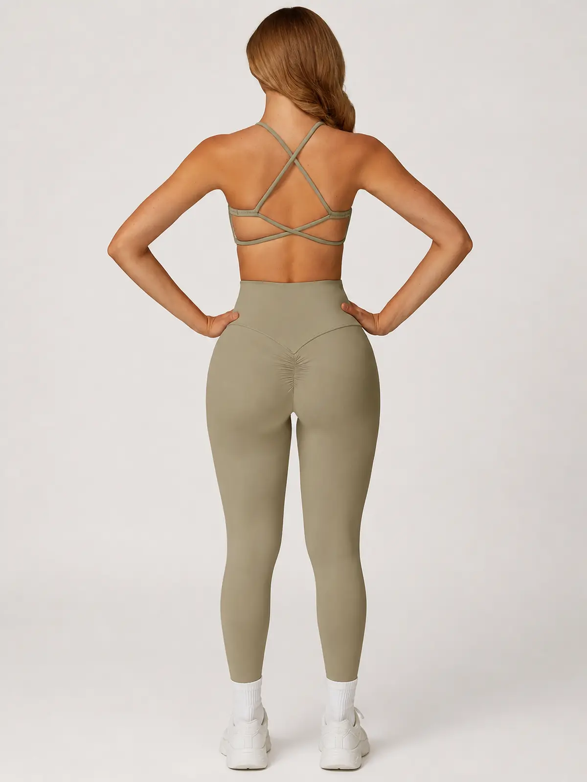 Aubergine Arc Cross-Back Scoop-Neck Sports Bra — muted olive khaki — general — authoritative variation match