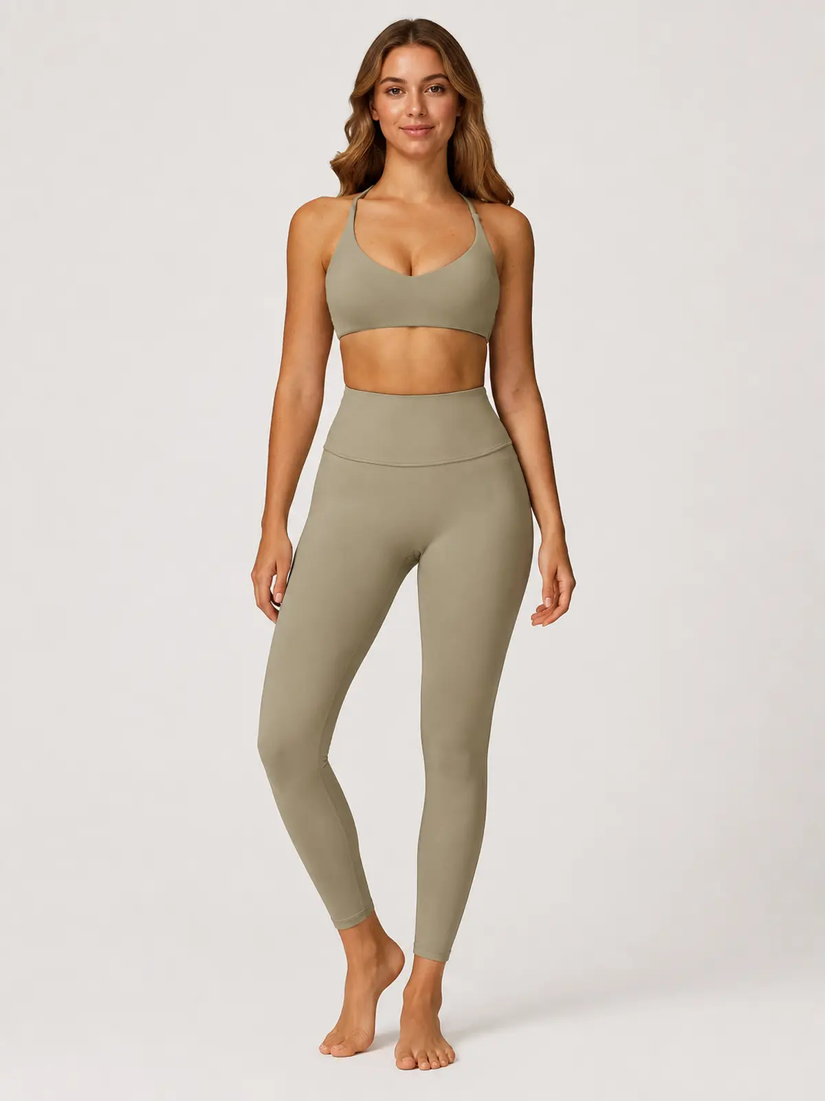 Aubergine Arc Cross-Back Scoop-Neck Sports Bra — muted olive khaki — sports-bra — authoritative variation image