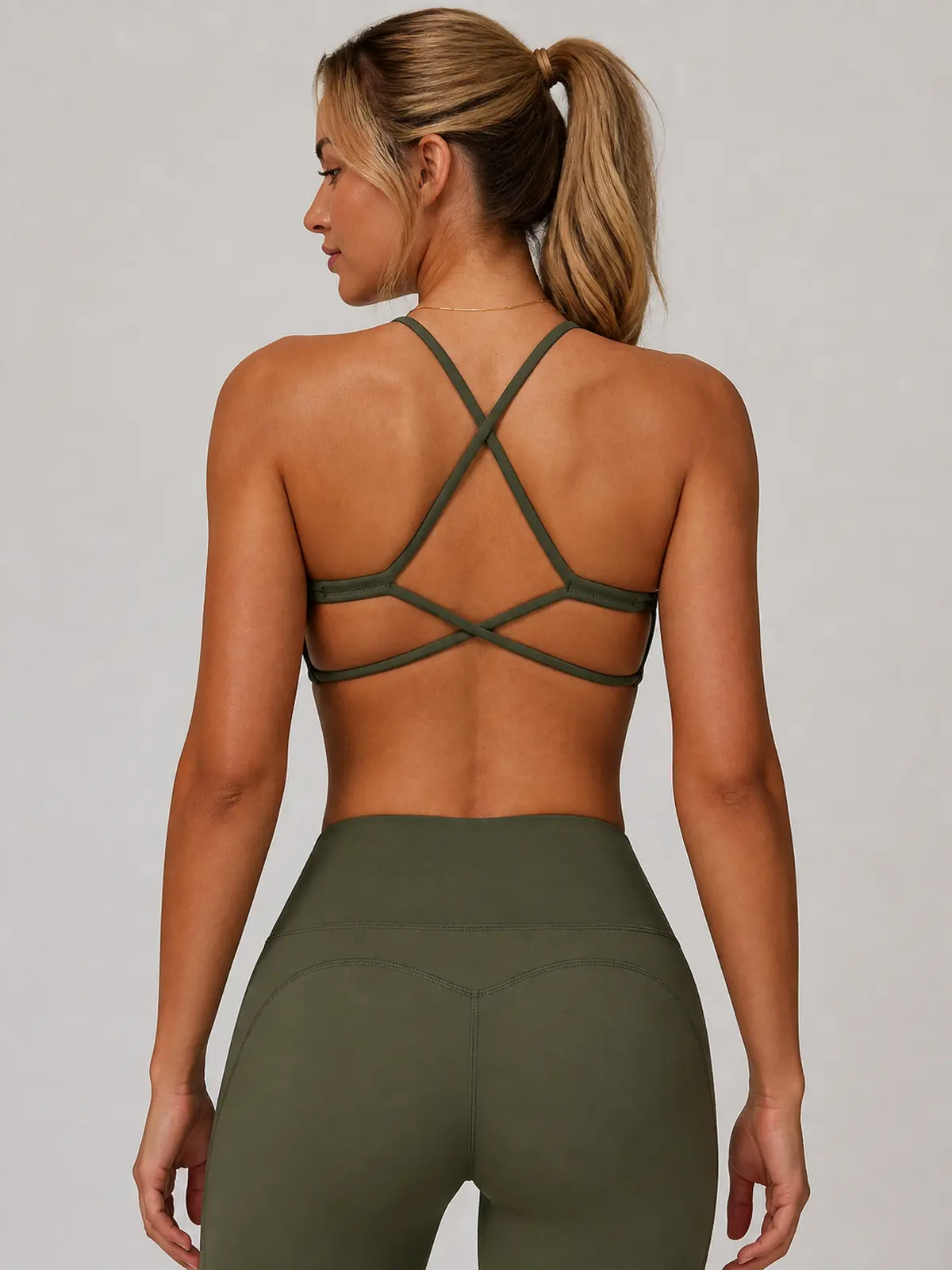 Aubergine Arc Cross-Back Scoop-Neck Sports Bra — olive green — general — authoritative variation match