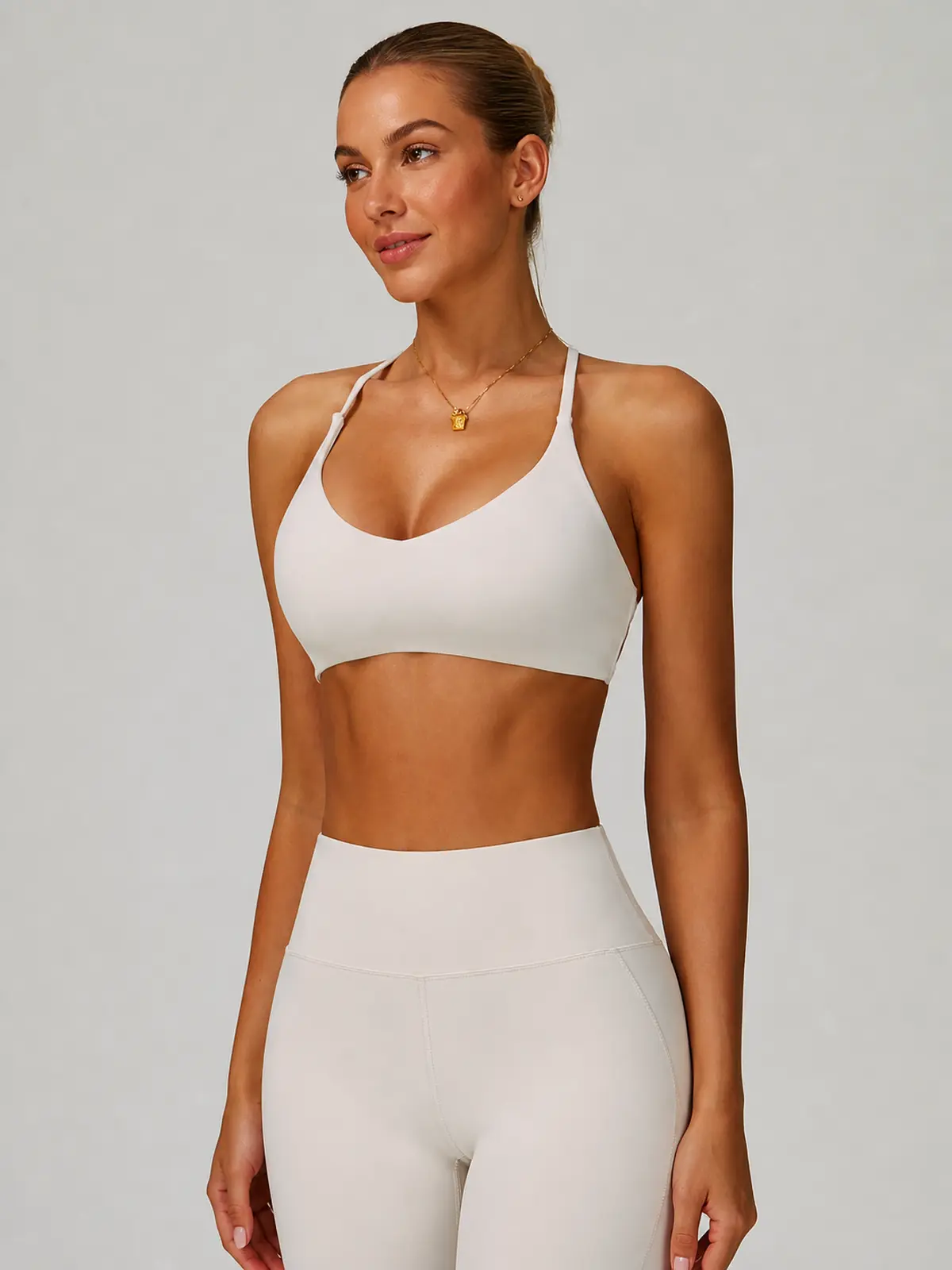 Aubergine Arc Cross-Back Scoop-Neck Sports Bra — white — general — authoritative variation match